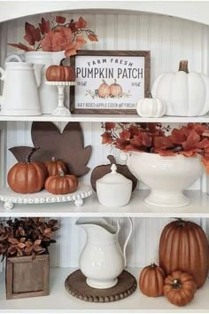 the shelves are filled with pumpkins and other fall decorating items in white dishes