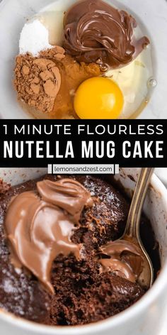 chocolate pudding in a white bowl with an egg on top and the words, minute flourless nutella mug cake