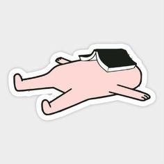 a pink sticker with a black book on it's head and legs laying down