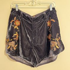 Free People Velvet Shorts With Flower Print (Nwt) - Size Us 10 - High Waist Shorts - Super Cute! Short Bohemian Embroidered Bottoms, Trendy High Waist Floral Embroidered Shorts, Blue High Waist Embroidered Shorts, Bohemian High-waisted Shorts For Day Out, Bohemian High-waisted Shorts With Elastic Waistband, Army Green Jeans, Free People Shorts, Velvet Shorts, A Line Shorts