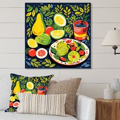 a living room scene with focus on the bowl of fruit and vegetables painted on canvas