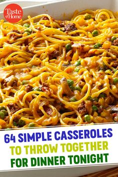 a casserole dish is shown with the title, six simple casseroles to throw together for dinner tonight