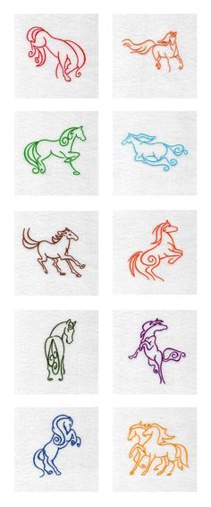 six different colored horses on white paper