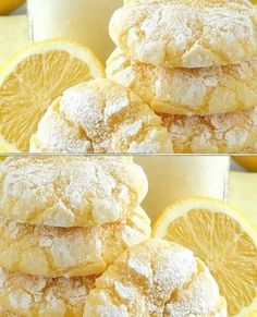 two pictures of lemon cookies stacked on top of each other with powdered sugar on them