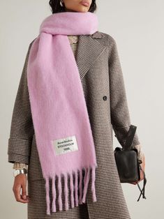 ACNE STUDIOS Volly two-tone fringed appliquéd alpaca-blend scarf | NET-A-PORTER Acne Scarf, Scarf Trends, Acne Shop, Pink Scarf, Fashion Editorial, Bag Dress, Dress Trousers, Everyday Wardrobe, A Logo