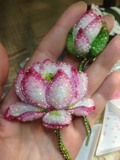 two pink and green flowers are being held in someone's hand with sequins on them