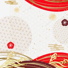 an abstract red and gold background with waves, snowflakes, and stars in the sky