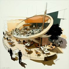 an artistic rendering of a restaurant with people sitting at tables and standing in front of it