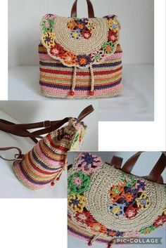 crocheted purse with flower design and leather handles, two pictures side by side