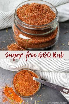 a jar filled with red chili seasoning next to a spoon