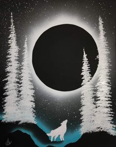 a painting of a wolf standing in front of a full moon with trees on it