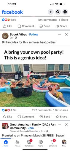 the facebook page for pool party with people swimming in an inflatable pool and one man