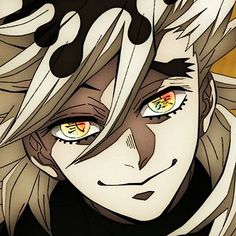 an anime character with blonde hair and yellow eyes looks at the camera while wearing black and white