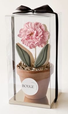 a pink flower is in a clear box