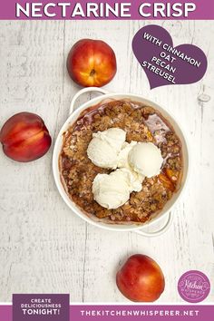 an apple crisp with cinnamon and ice cream