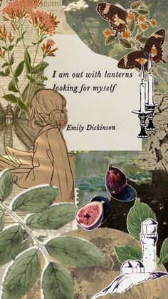 an altered collage with flowers, leaves and a woman sitting on a rock next to a candle