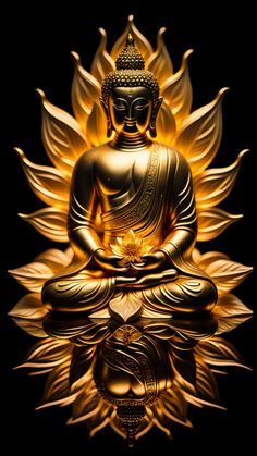 a golden buddha statue sitting in front of a black background