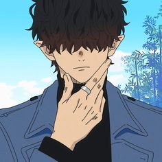 an anime character with black hair wearing a blue jacket and holding his hand to his face