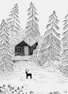 a black and white drawing of a cabin in the woods with a deer looking at it