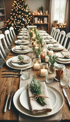 a table set for christmas dinner with candles and greenery