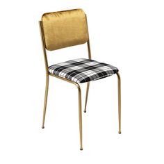 a black and white checkered seat on a gold metal frame chair with a yellow backrest