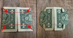 an origami cut out of one dollar bill with red arrows pointing to it