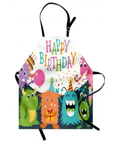 an apron with monsters on it and the words happy birthday