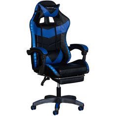 a black and blue office chair with wheels