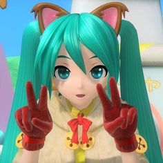 a girl with green hair and blue eyes making the peace sign