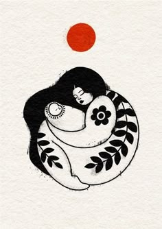 a drawing of a woman hugging her baby in a circle with the sun above it