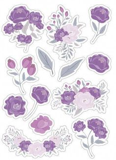 purple flowers and leaves stickers are shown in this image, with one flower on the left