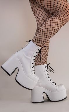 CAMEL-203 White Ankle Boots-Demonia-Tragic Beautiful Demonia Platform Boots, White Platform Boots, Punk Festival, Lace Up Wedge Boots, Demonia Boots, Demonia Shoes, White Ankle Boots, Platform Boots Chunky, Fancy Shoes