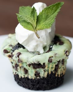 a piece of cake with ice cream and mint on top