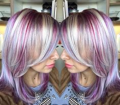 Hair Color Ideas For Graying Hair Mom, Lavender Hair Streak, Purple Hair Streaks, Gray Blending, Color Block Hair