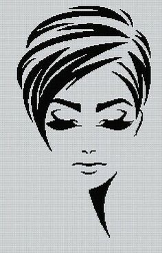 a woman's face with short hair and eyes drawn in the shape of a cross stitch