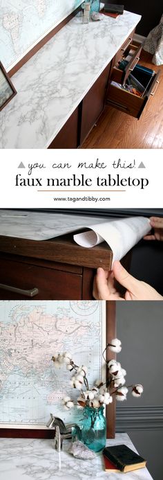 a desk with a map on it and the words, you can make this faux marble tabletop