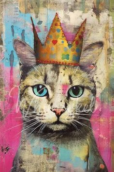 a painting of a cat with a crown on it's head and blue eyes