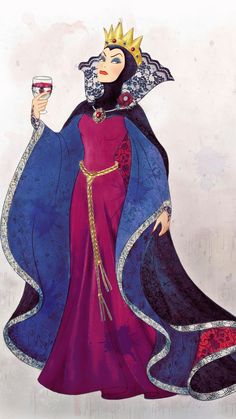 a drawing of a woman wearing a purple dress and holding a glass of wine