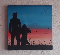 a painting of a man and woman holding hands while the sun is setting in the background