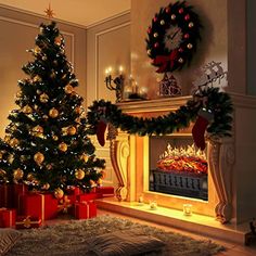 a decorated christmas tree in front of a fireplace