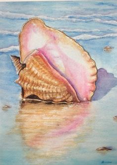 a painting of a seashell on the beach