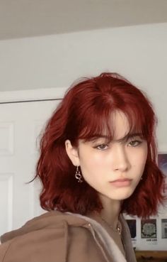 Short Red Hair Curtain Bangs, Red Fringe Hair, Dark Red Short Hair With Bangs, Short Red Hair With Curtain Bangs, Short Red Hair Bangs, Dark Red Mullet, Dark Red Hair Bangs, Short Dark Red Hair Burgundy, Red Short Hair With Bangs