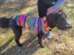 Hand crochet sweater for dog.  This jumper is cosy and soft snd is made in an acrylic yarn that can be washed and dried easily.  This coat is made from scrap balls of yarn to give it a totally unique feel. No two coats the same  Other colours are available please message me  It has a roll neck and then  fits around the tummy leaving space for them to toilet. It covers there back too.  It is in a cute stitch It's just enough to keep them a bit warmer and their tummy from getting cold.  Measurements        Neck.   Chest in inches.  Length Xs.     9.         15.                         10 S       11.          18.                         12 M.      13.         22.                        16 L.        17.         28.    Bb b.           20 Xl.       22.        34.                        24 Other Crochet Dog Coat, White Long Sleeve Cardigan, Balls Of Yarn, Pixie Hat, Dog Jumpers, Cute Stitch, Dog Coat, Luxury Paper, Sweater Jumper