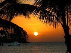 the sun is setting over the ocean and boats are in the water near palm trees