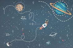 an image of a space scene with rockets and planets