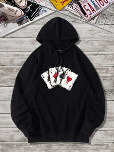 Desain Hoodie Aesthetic, Hoodie Design Print, Black Hoodie Outfit, Playing Card Print, Graphic Hoodies Aesthetic, Aesthetic Hoodies, Hoodies Aesthetic, Hoodie Aesthetic