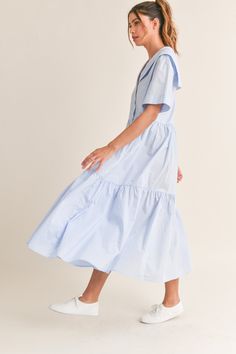 Sail away in style with our Sailor Collar Midi Dress! Made with lightweight cotton poplin, this dress features a playful short sleeve sailor collar, tiered button down design, and loose fit for all-day comfort. Perfect for any occasion, this dress will have you setting sail in style. 100% cotton Sailor Dress, Sailor Collar, Set Sail, Blue Midi Dress, New Tops, Dream Wardrobe, Cotton Poplin, Denim Dress, In Style