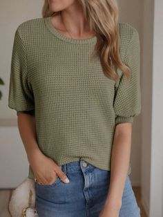 Womens Casual Crewneck Lantern Short Sleeve Blouse Waffle Knit Pullover Tops Green Casual  Half Sleeve Knitted Fabric Plain  Slight Stretch All Women Clothing, size features are:Bust: ,Length: ,Sleeve Length: Matcha Color, Puff Sleeve Shirt, Short Puff Sleeve, Waffle Knit Top, Womens Casual, Knit Pullover, Knitwear Women, Short Sleeve Blouse, Waffle Knit