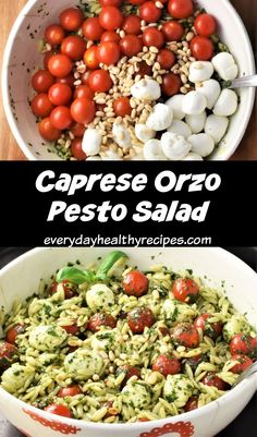 Cherry tomatoes and mozzarella balls with pasta salad and orzo pasta salad in bowl. Basil Orzo Salad, Orzo Salad With Basil, Orzo Caprese Salad Recipe, Orzo Pesto Salad, Orzo Salad Pesto, Orzo Salad With Feta And Basil, Pesto Orzo, Pesto Salad