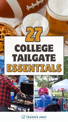 collage of college tailgate essentials including beer and food